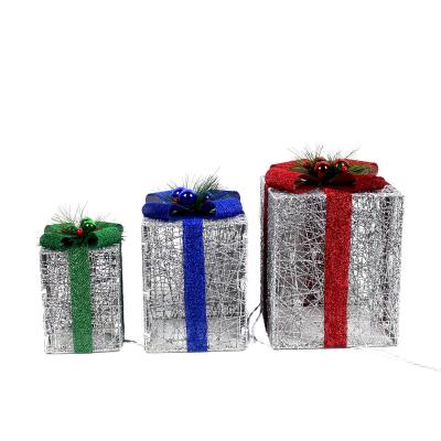 China Cube Christmas Lit Gifts Box Set of 3 Tinsel Present Box Decorations for Christmas Tree Yard Home Outdoor Indoor Christmas Decor for sale