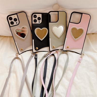 China Shockproof Luxury Lychee Heart Mirror Leather Cross - Body Cell Phone Case with Rope for iphone 11 12 13, for iphone 13 pro max case for women for sale