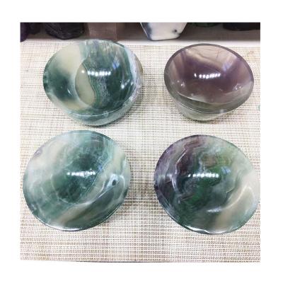 China Wholesale Europe Natural Rainbow Fluorite Hand Carving Bowls Fluorite Green Healing Crystal Quartz Carved Bowl For Decoration for sale