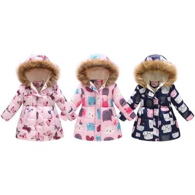 China Anti-wrinkle hood fleece girls bubble long coat girding flower print children girl winter clothing princess winter coats kids for girls for sale