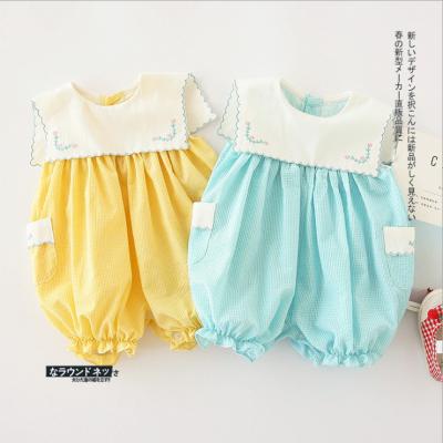 China Comfotable Stocked New Design Summer Turn-Down Collar Bloomers Style Baby Clothes Organic Cotton Baby Romper Baby Canvas Romper for sale