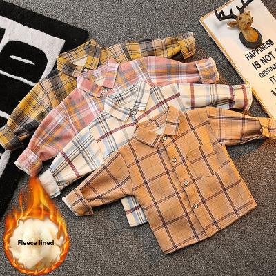 China Wholesale Custom Logo Design Kids Boys Fur Shirt Fashion Anti-pilling Long Sleeve Shirts Shear Plaid Kids Flannel Shirt for sale