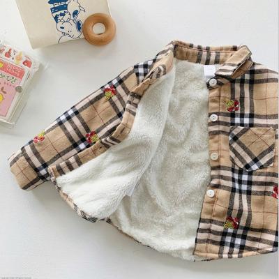 China New Design Cartoon Anti-wrinkle Embroider Winter Fleece Kids Shirts Clothing Baby Boy Quilted Kids Shirts Boys Plaid Kids Long Sleeve Shirt for sale