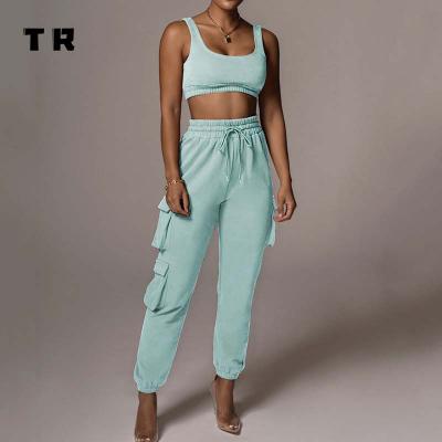 China Wholesale Breathable Cotton Crop Top Jogger Two Piece Pants Set Women for sale