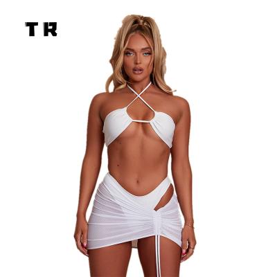 China 2021 Eco-Friendly White Swimwear Anti-UV Recycled Bath Suit Bikini Swimwear Custom Vendor Women With Mesh Cover Up 3pcs Set for sale