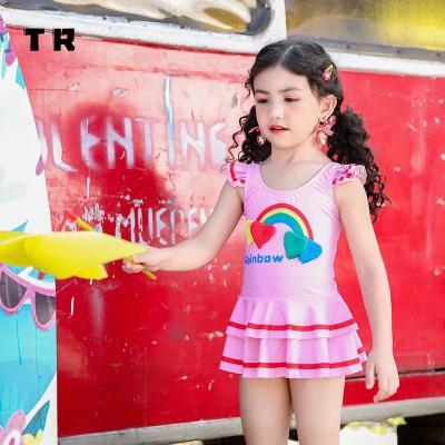 China Anti-UV Kids Swimwear Ruffles Shoulder Control Rainbow Kids Sleeveless Swimsuit For Girls for sale