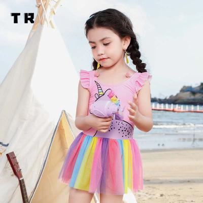 China Unicorn Print Lace Young Girl Anti-UV Swimwear Kids One Piece Bikini With Low MOQ Custom for sale