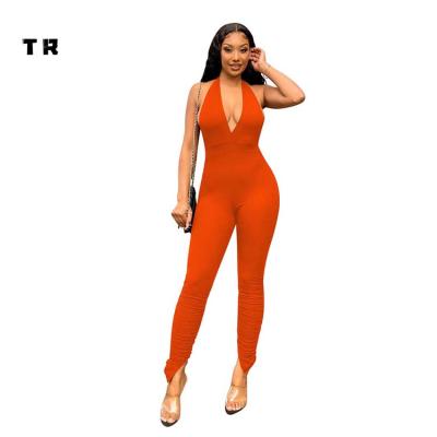 China Plus Size Ready To Ship Wholesale Solid Backless Stacked Panties Draped Full Bodysuit One Piece Women Overalls And Ladies Rompers for sale