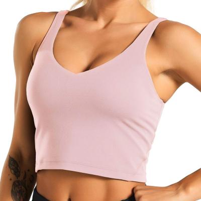 China Custom Logo Women Soft Compression Yoga Sports Breathable Running Full Support Bra With Removable Cups Tie Up Fitness Top for sale