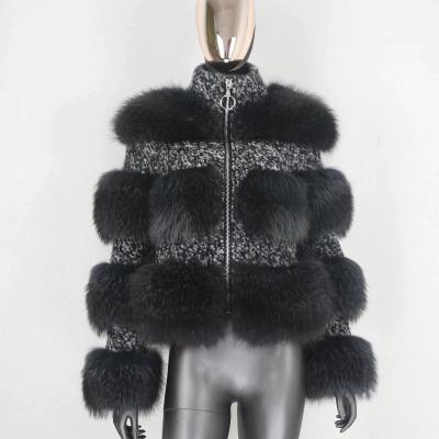 China 2020 Winter Raccoon Fur Woolen Weave Fabric Outerwear Women's Silver Fox Real Natural Warm Breathable Fur Coat Breathable Jacket for sale