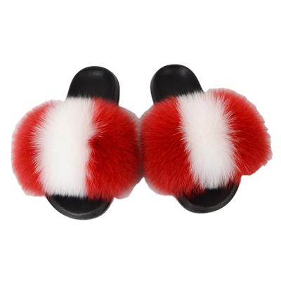 China 2021 Summer Fashion Trend Fox Fur Slides Cute Fox Hair Fashion Beach Slippers Luxury Kids Fur Slides 100% Real Plush Fox Slippers for sale