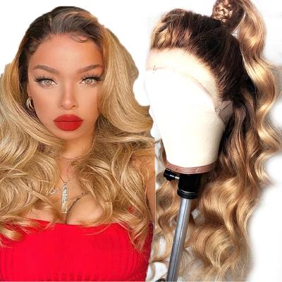 China Honey Blonde Human Hair Brazilian Body Wave Lace Wigs Silky Straight 13*4 Lace Front Wig 1B/27 Ombre Color for sale