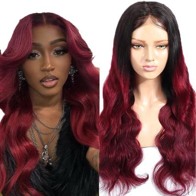 China Silky Straight Human Hair Ombre 4x4 Lace Closure Wig 1B/Burgundy Closure Wig Body Wave Wigs For Women for sale