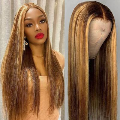 China 13x4 Highlight Silky Straight Brown Lace Front Wig Brazilian Straight HD Transparent Colored Wig for sale