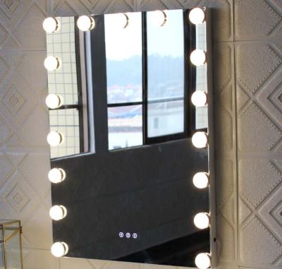 China New Hollywood Style Interactive Touch Screen Wall Mounted Lighted Led Makeup Mirror For Beauty Salon Makeup Table for sale