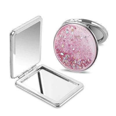 China 1X 2X Square Pocket Round Magnifying Magnifying Mirror, Portable Handheld Foldable Glitter Quicksand Fashion Makeup Mirror for sale