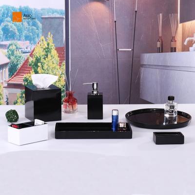 China High End Polyresin / Polystone Hotel 3 PCS Customized Polyresin Shinny Black Bathroom Accessories Set Handmade Resin Accessory Bathroom Set For Hotel for sale