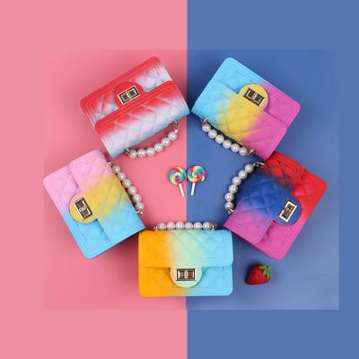 China Rainbow Colors Mini Candy Colors Matte Jelly Bag Messenger Rainbow Gradient Lattice Pearl Handbag 2021 for sale