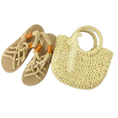 China 2021 High Quality WDC Vacation Beach Hemp Rope Braided Shoes Handbag Messenger Bag Roman Sandals and Woven Bags for sale