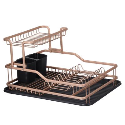 China Sustainable Kitchen Rose Gold Dish Rack 2 Layer Aluminum Dish Rack Organizer With Tray for sale