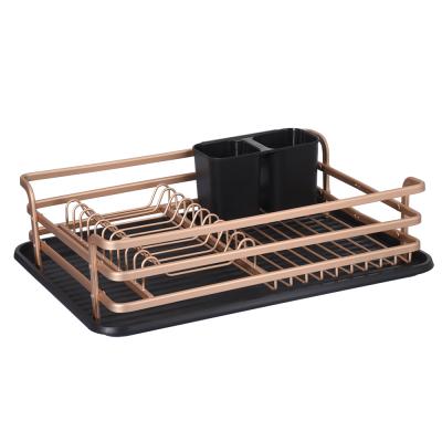 China Sustainable Luxury Rose Gold Kitchen Organizer Aluminum Dish Rack With Plastic Tray for sale