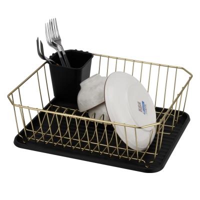 China Kitchen Counter Top Gold Sustainable Dish Rack With Utensil Cart And Plastic Drip Tray for sale