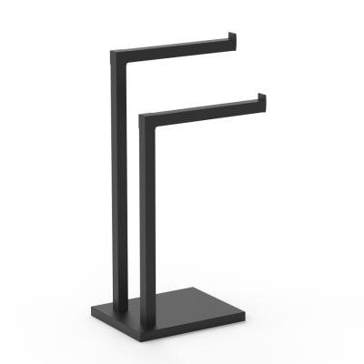 China Fashion Bathroom Decorative Metal Towel Black Free Standing Towel Rack With Two Arms for sale