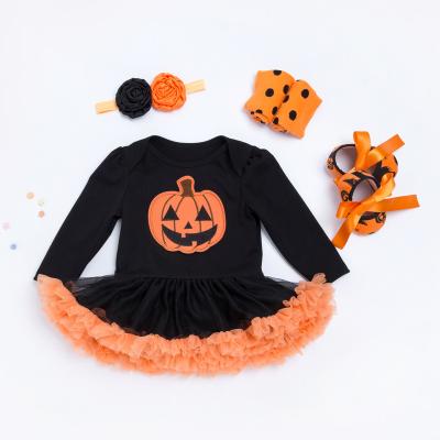 China 2021 Halloween Style 4pcs Antibacterial Infant Dress With Shoes And Socks Baby Dress Baby Girl Clothes Set for sale