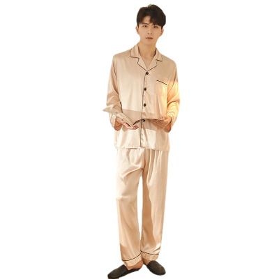 China Men's anti-static silk thin long sleeve silk lapel home suit set pure satin pajamas for sale