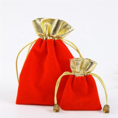 China Disposable High Quality Red Velvet Drawstring Jewelry Pouch With Gold Edge for sale