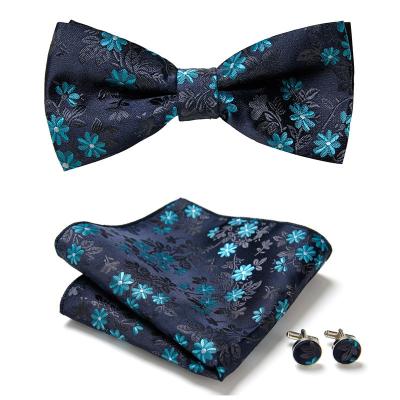 China Floral Paisley Check Bow Tie Handkerchief Set Men's Butterfly Wedding Carvat With Cufflinks Groom Tuxedo Silk Bowties for sale