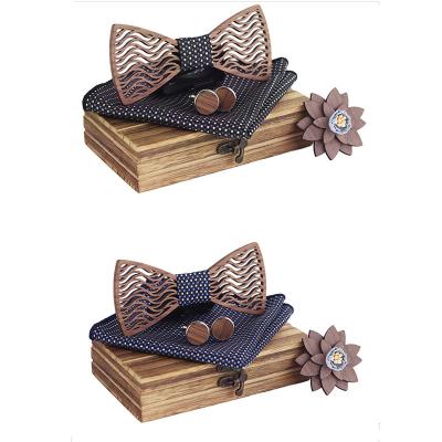 China Classic Wood Carving Wood Bow Ties Set Men's Gift Set For Wedding Party for sale