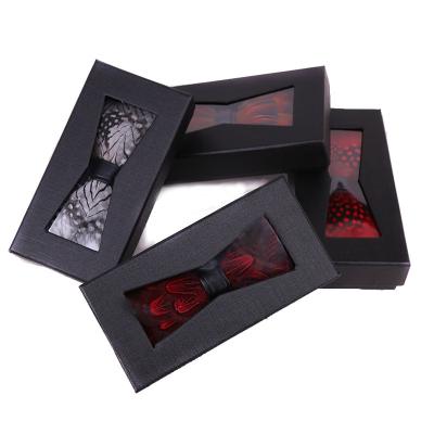 China Handmade Natural Party Bowtie Men Set For Wedding Gift Box Tie Bowtie Set Luxury Feather Bow With Many Pattern For Men for sale