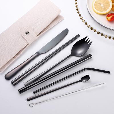 China Spoon Fork Knife Straw Travel Camping Picnic Black Viable Set Cutlery for sale