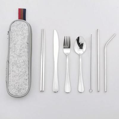 China Viable Reusable Travel Camping Silverware with Metal Straw Spoon Fork Chopsticks and Portable Case Flatware Set for sale