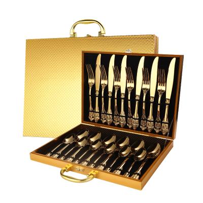 China Sustainable 16 pc / 24 pc Stainless Steel Gold Flatware Set Baroque Royal Cutlery Set Silverware with Wooden Box for sale