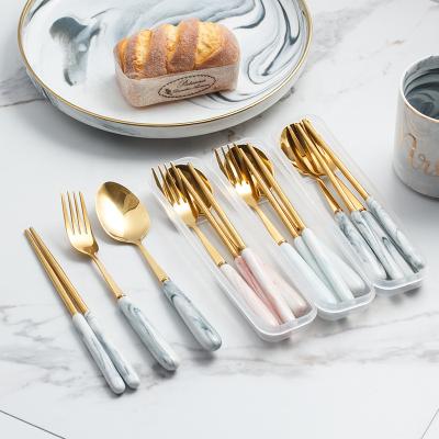 China Viable Handle Nordic Marble Ceramic Flatware Sets Portable Stainless Steel Fork Spoon Chopsticks Cutlery Box Set for sale