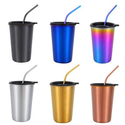 China Wholesale Custom Viable Logo Metal Stainless Steel Mini Coffee Cocktail Shake Drinking Mug Reusable 500ml 16oz With Straw Cup Lid Set for sale