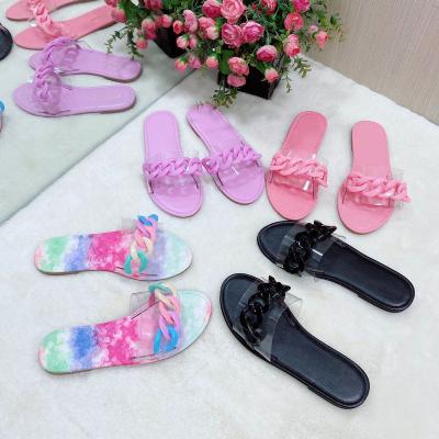 China 2022 Fashion Trend Designer Open Toe Clear Women Beach Casual Summer Chain Sandals Flip Flops Jelly Flat Sandals Slip On For Ladies for sale