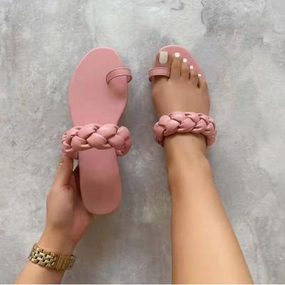 China Wholesale New Design Fashion Trend Women Leather Trim Open Shoes Flip Flops Flat Sandals Summer Toe Slip On Ladies Casual Braided Slide Sandals for sale