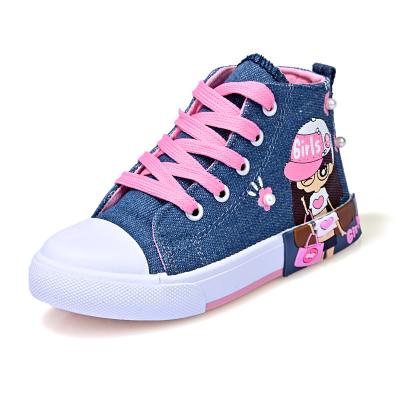 China Wholesale Toddler Flat Kids Fashion Canvas High Top Sneakers For Boys And Girls Casual Canvas Shoes Cartoon Lace Up Walking Shoes for sale