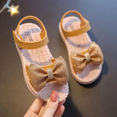 China 2022 Wholesale Fashion Light Bow Kids Toddler Girls Summer Dress Glitter Sandals Open Toe Princess Flat Shoes Flower Sandals for sale