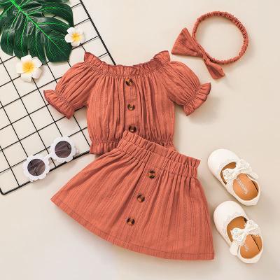 China 2022 Toddler Western Girl Summer Style Breathable Pure Color Clothes With Sleeve Top Blouse Skirt Suit Skirt Bandeau 3 Piece Outfits Sets for sale