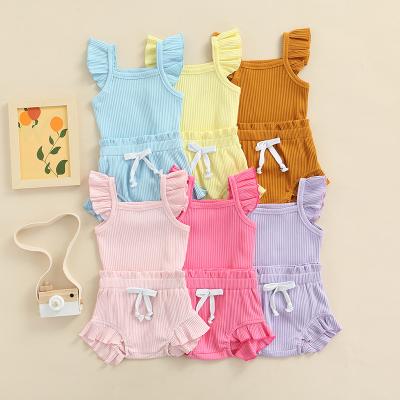 China 2022 Breathable Toddler Girl Pleated Lace Suspender Top and Shorts 2 Pieces Set Fits Girls Pure Cotton Color Summer Sweater Pants Suit for sale