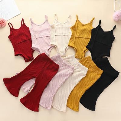 China Breathable 2022 Solid Color Knitted Newborn Babies Clothing Sets Short Sleeve Jumpsuit Top+Flared Pants Pants Solid Outfit Set 2Pcs for sale