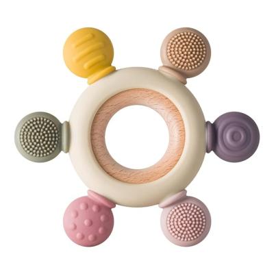 China 100%food  Grade Silicone  Teether Silicone Teether Baby Teether Wood Ring Teething Toys BPA Free Silicone Wooden Baby Teether Teething Toys For Babies 0-6 Months for sale