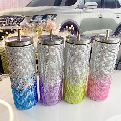 China PORTABLE Pop diamond-encruzzled thermos cup Rhinestone Bling bling Cup Color gradient beverage coffee cup bottle customer designed 20oz s for sale