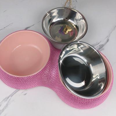 China Sustainable Diamond-encrusted pet Bowls Stainless steel detachable double layer pet food Bowls Diamond Pet Bowls Cat Bowls Dog Bowls for sale