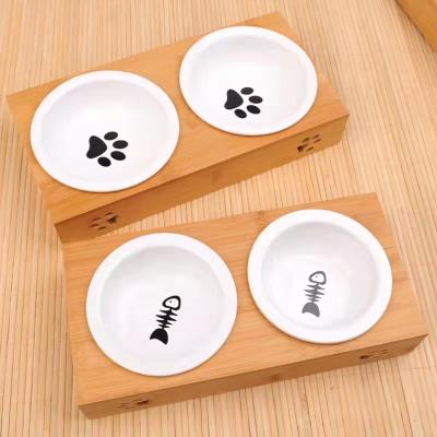 China Viable wholesale cat dog bowl pet maker hot sale products with wooden double diner set bowl stand for sale