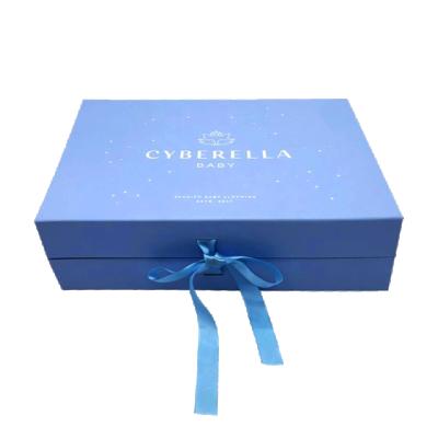 China Recycled Materials Empty Large Blue Magnetic Logo Cardboard Paper Box Custom Shipping Gift Boxes Clothes Folding Box With Bow for sale